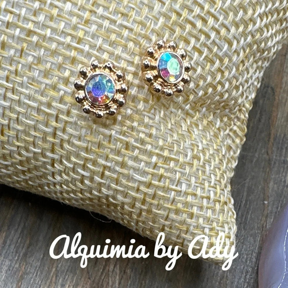Gold 8mm Aurora Borealis crystal stud earrings/quiet luxury/ minimalist - Picture 1 of 1